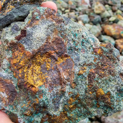 Khaleesi rock chip sample - bornite, chalcopyrite & malachite
