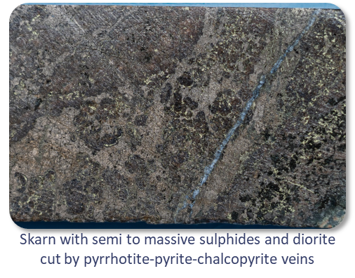 Skarn with semi to massive sulphides are diorite cut by pyrrhotite-pyrite-chalcopyrite veins